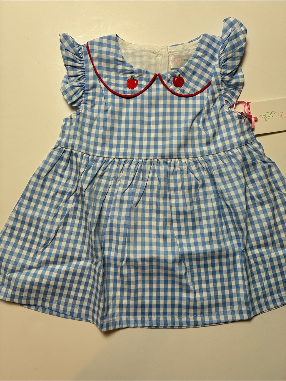 Blue Gingham Dress with Red Apple Accent and Red Bloomers - Picture 2 of 8